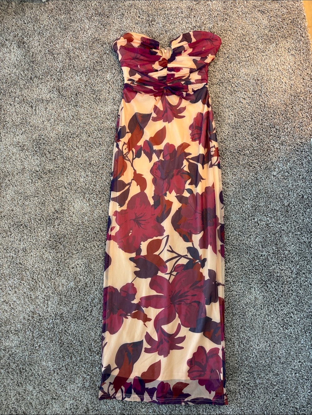 Hello Molly Strapless Floral Maxi Dress in Burgundy & Cream